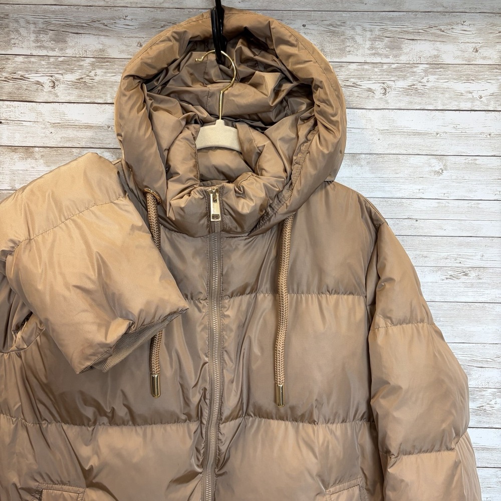 Zara Womens M Jacket Down Puffer Bronze‎ Brown Hooded Oversized Long EUC Pockets